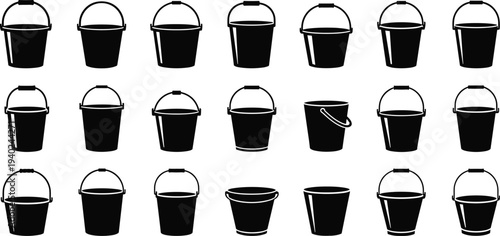 WebBucket Silhouette Icon Set Featuring Plastic and Metal Pails for Cleaning, Gardening, Construction, Water Storage, Industrial Use, and Household Household Tasks.
