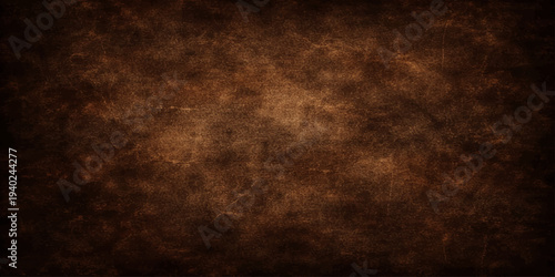 A dark grunge background featuring a weathered vintage paper texture with aged brown paint on a rough antique wall surface for a dirty retro backdrop design
