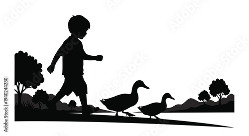 A boy walks with ducks in a scenic park landscape silhouette