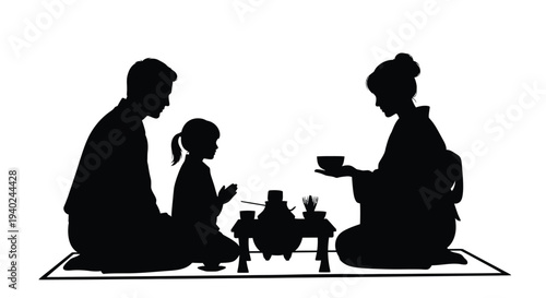 Family enjoying a traditional tea ceremony in a striking silhouette