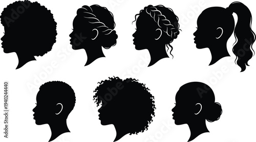 WebComprehensive collection of female silhouettes featuring full body standing poses and diverse African American woman head profiles with natural hairstyles.