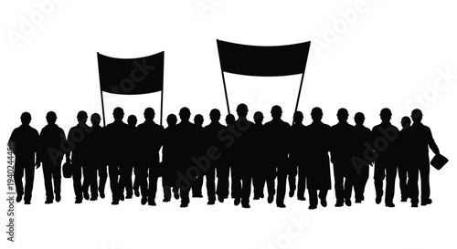 A group of protestors holding flags in a dramatic silhouette