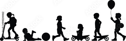 WebComprehensive collection of children silhouettes playing outdoors with bicycle, scooter, ball, kite, and balloon for active childhood lifestyle vector designs.