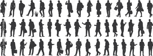 WebComprehensive set of walking business people silhouettes with bags, pedestrian crowd of professional men and women isolated on white