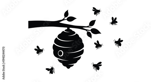 Beehive with flying bees and a branch simple black silhouette