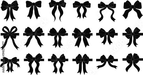 WebDecorative Ribbon Bow Silhouette Collection, Black Gift Bow Vector Set, Elegant Knot Icons for Wedding, Christmas, Birthday, and Celebration Design Elements