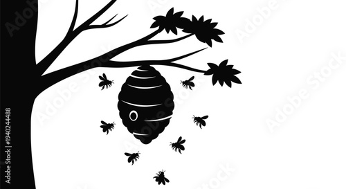 A dark silhouette of a beehive with bees and branches silhouette