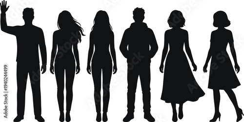 WebDiverse group of casual people standing in silhouette, man waving hand, women in dresses, social gathering and community vector set,