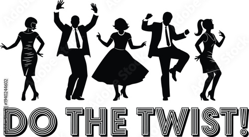 Twist dance party silhouettes, retro dancers performing twist movement, vintage rock and roll dance style celebration, music rhythm concept, flat vector illustration
