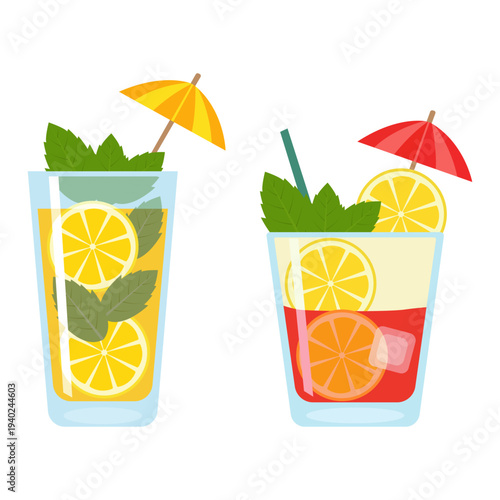 Refreshing Summer Drink Cocktails with Citrus Slices Mint and Umbrellas