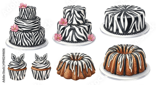 Watercolor Zebra Pattern Cakes and Cupcakes Set, Black White Striped Dessert Illustration Collection Isolated