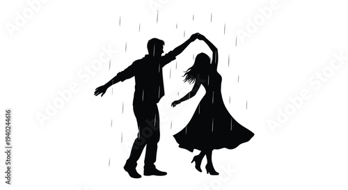 Couple dancing joyfully in the rain a dramatic black silhouette