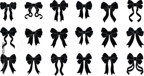 WebElegant Ribbon Bow Silhouette Collection, Black Gift Bow Vector Set, Decorative Knot Icons for Wedding, Christmas, Birthday, and Celebration Design Elements