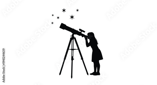A young astronomer gazes into the night sky with a telescope silhouette