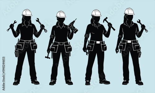 WebFemale construction worker silhouettes set with hard hats, tool belts, wrenches, hammers, and drills for industrial labor and professional renovation vector.