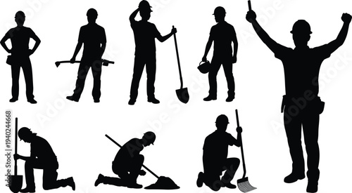 Construction worker silhouettes with shovel rake tools poses, builder laborer industrial workforce collection isolated black silhouette concept