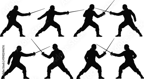 Fencing duel silhouettes set featuring swordsmen in combat poses with rapiers for historical martial arts, sports competition, and dueling vector.