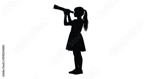 Young girl gazing through a telescope a striking black silhouette