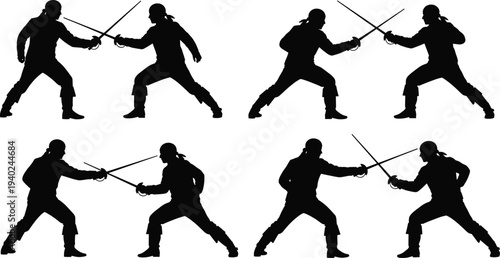 WebFencing duel silhouettes set featuring swordsmen in combat poses with rapiers for historical martial arts, sports competition, and dueling vector.