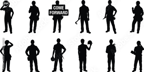 Construction worker silhouettes with tools and safety signs, builder laborer set industrial workforce collection isolated black silhouette
