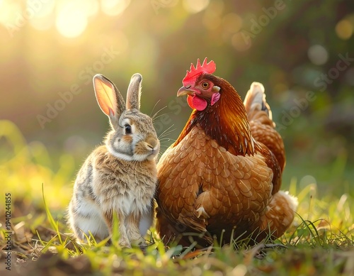 A charming friendship - Rabbit and chicken in the garden.