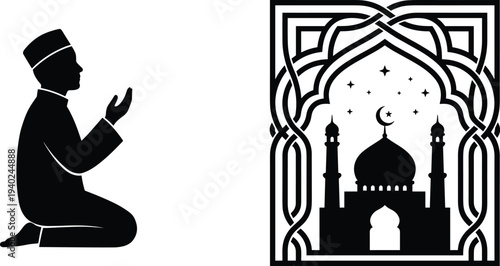 WebMuslim man praying silhouette and Islamic mosque arch with dome and minarets under starlight, Ramadan Kareem and Eid Mubarak concept.
