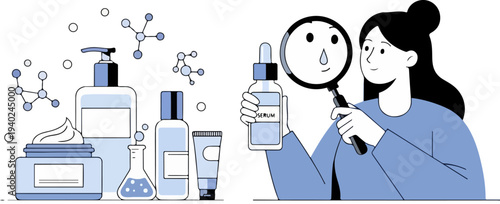 Woman Examining Skincare Serum Bottle with Magnifying Glass Next to Cosmetic Products and Chemical Structures Vector Illustration