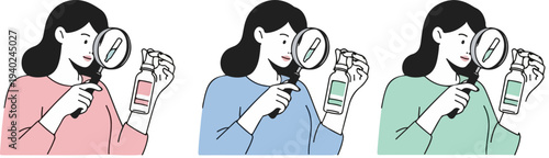 Set of 3 vector illustrations featuring a woman examining product labels with a magnifying glass, depicting quality control and ingredient checking in pink, blue, and green color variations.
