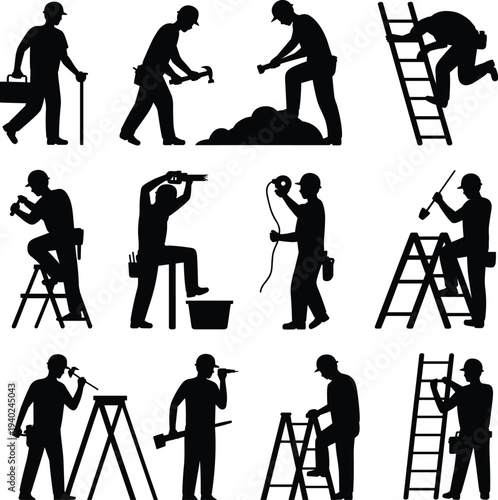 Construction worker silhouettes working with ladder hammer drill tools, builder laborer set industrial construction workers isolated black silhouette