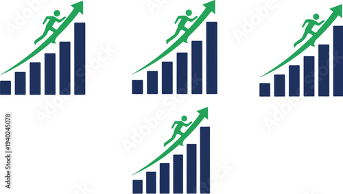 Set of 4 Business Growth and Success Icons Vector: Blue Bar Charts with Green Upward Arrows and Climbing Figures, Representing Progress and Achievement