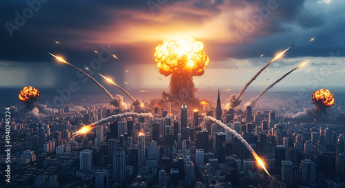 Nuclear explosion over modern city skyline with missile attack fire smoke destruction dramatic warfare disaster scene representing global conflict crisis danger security threat