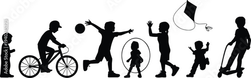 Silhouette collection of active children playing outdoors with bicycle, ball, hula hoop, kite, and scooter for diverse kids lifestyle designs.