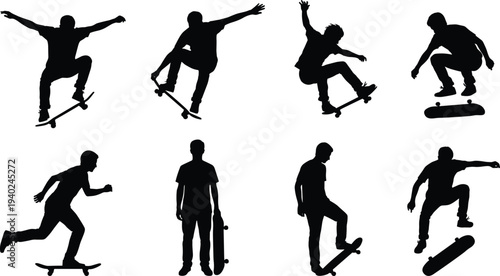 WebSkateboarder silhouettes jumping and performing tricks collection, black vector man skating on skateboard isolated on white background for urban sports.