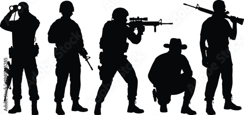 WebSoldier and military silhouettes set featuring armed forces personnel with rifles, binoculars, and tactical gear for combat and security vector.