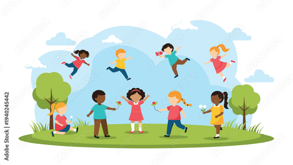 Fototapeta premium Joyful group of diverse children playing running and jumping in a green park under a bright blue sky with trees and clouds.