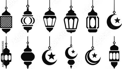 Ramadan lantern and crescent moon icon set, hanging Islamic fanous decorations, Arabic festive symbols collection, Muslim celebration vector