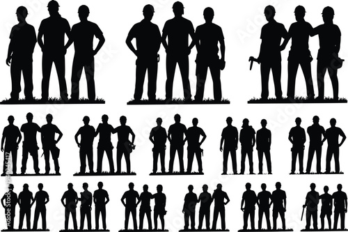 Construction worker team silhouettes standing together, builder labor group collection industrial workforce concept isolated black silhouette engineering workers