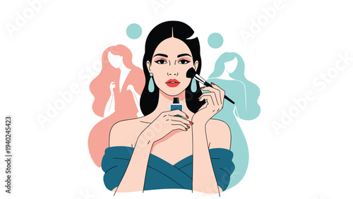 Elegant woman applying face powder with a brush while holding a bottle with stylized silhouettes of other women in the background.