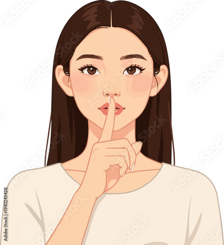  Create a realistic Asian woman with finger on mouth, vector art with white background..
