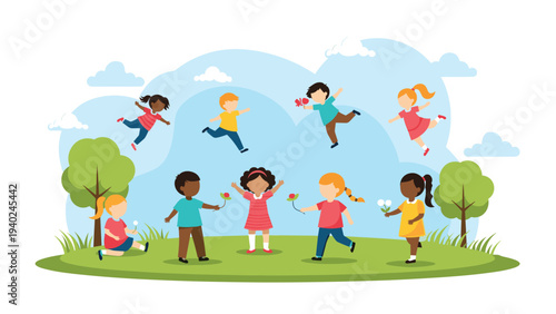 Joyful group of diverse children playing running and jumping in a green park under a bright blue sky with trees and clouds.