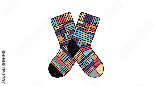 Pair of trendy crew socks featuring a vibrant geometric pattern with various colored rectangles and black toes and heels.