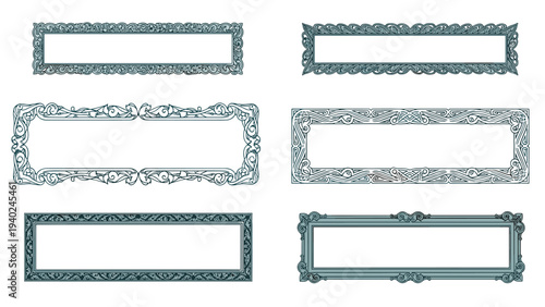 Set of six vintage-style decorative frames with intricate border designs and flourishes in a monochromatic blue-green color palette.