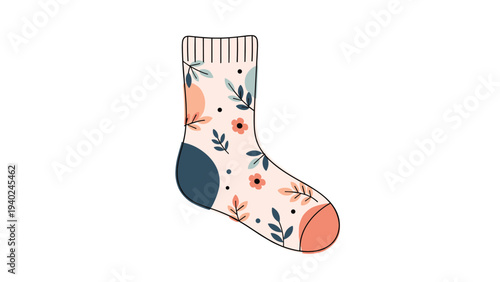 Stylized single sock design featuring a delicate floral pattern with leaves and small orange flowers on a light pink background.