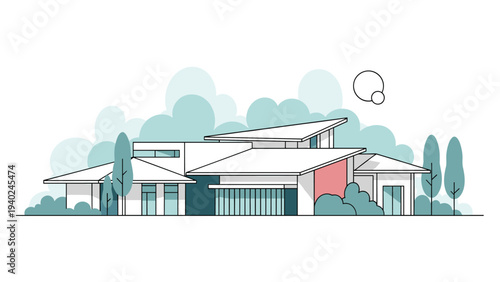 Contemporary minimalist house design featuring clean geometric lines large glass windows and integrated landscaping with trees.