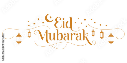 Eid Mubarak Arabic Calligraphy with Lanterns and Stars on White Background Keywords: eid, mubarak, islam, islamic, greeting