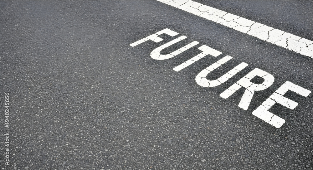 Fototapeta premium 右上の停止線とFUTUREの文字。左側と下部に広い余白があるアスファルト道路背景。ビジネスの開始。
