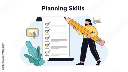 Professional woman holding a giant pencil while ticking off tasks on a large checklist for project planning skills.