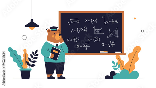 Smart bear teacher wearing glasses and a graduation cap stands by a blackboard filled with complex math equations.