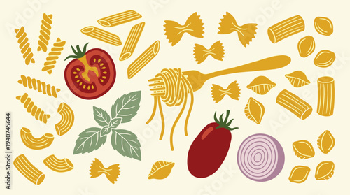 A vibrant assortment of various pasta shapes, fresh tomatoes, onion, and basil leaves arranged on a clean background, representing a classic Italian culinary theme with colorful ingredients.