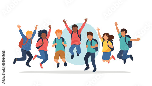 Group of diverse happy school children with backpacks jumping for joy on their way to class or on summer break.